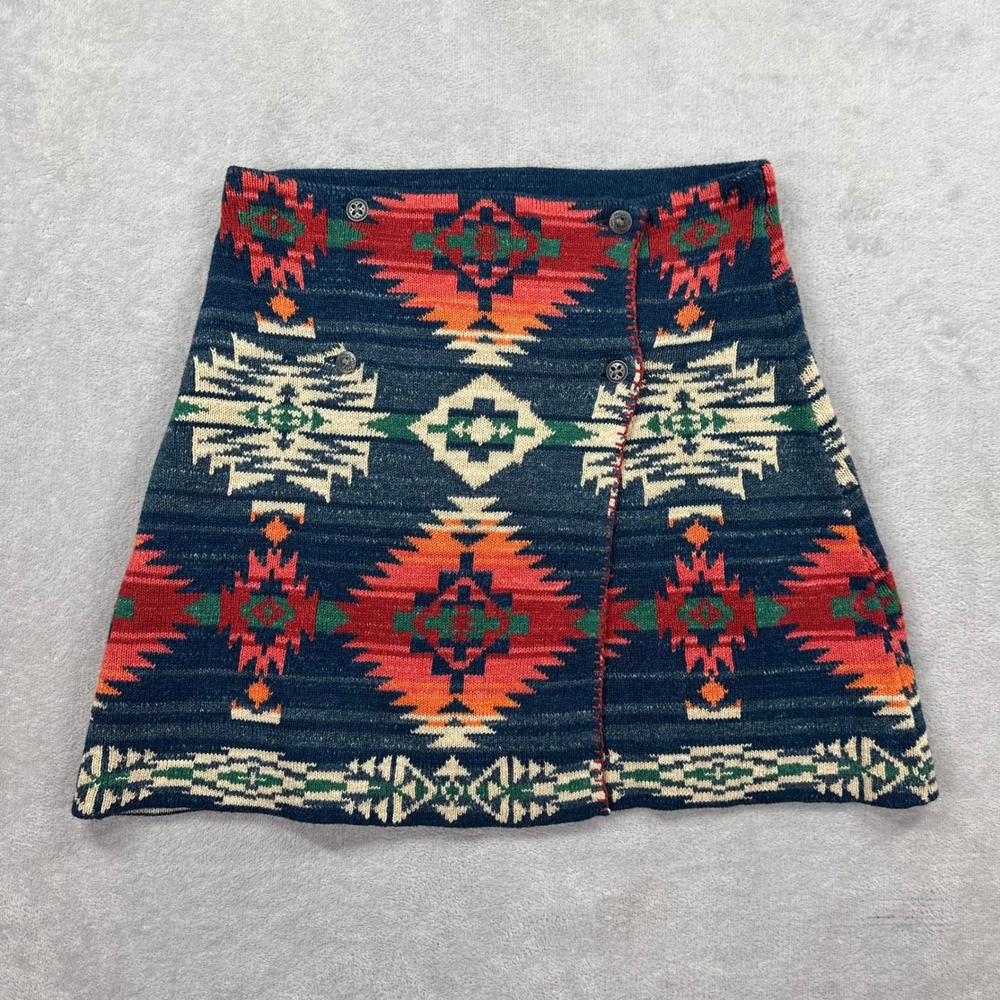 Polo Ralph Lauren Mini Skirt Women L/XL Navy Southwestern Cotton Knit Wrap Style - Picture 1 of 10